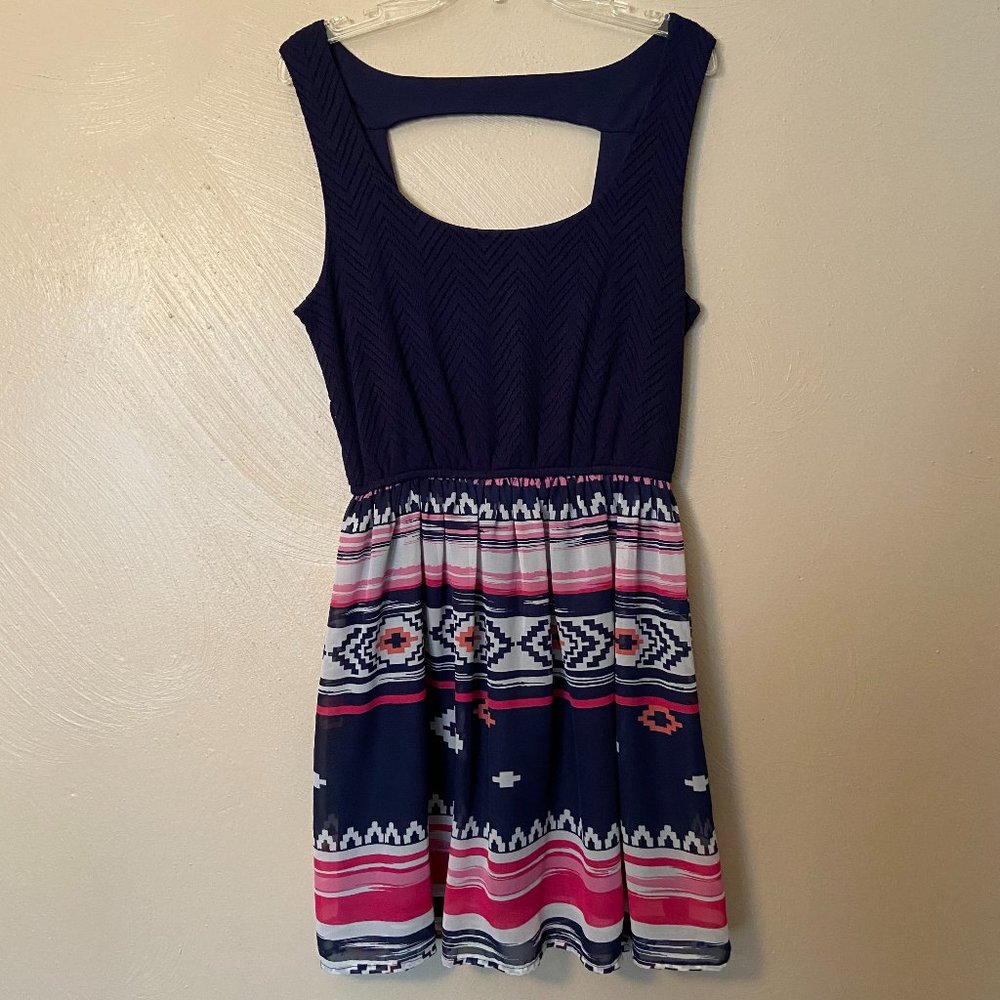 Navy and Pink Print Drop Back Skater Dress